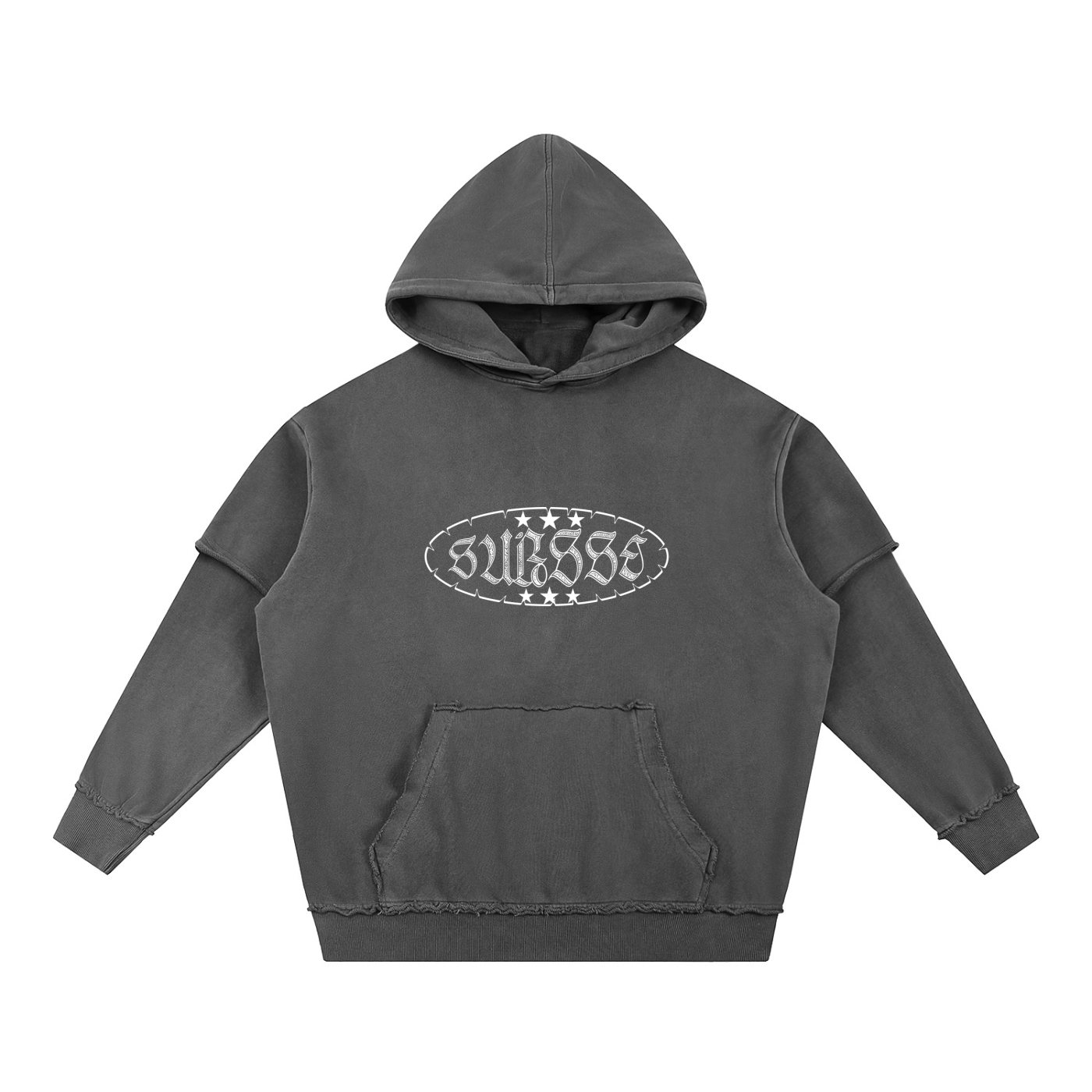 Snow Washed Raw Edge Double Layered Hoodie