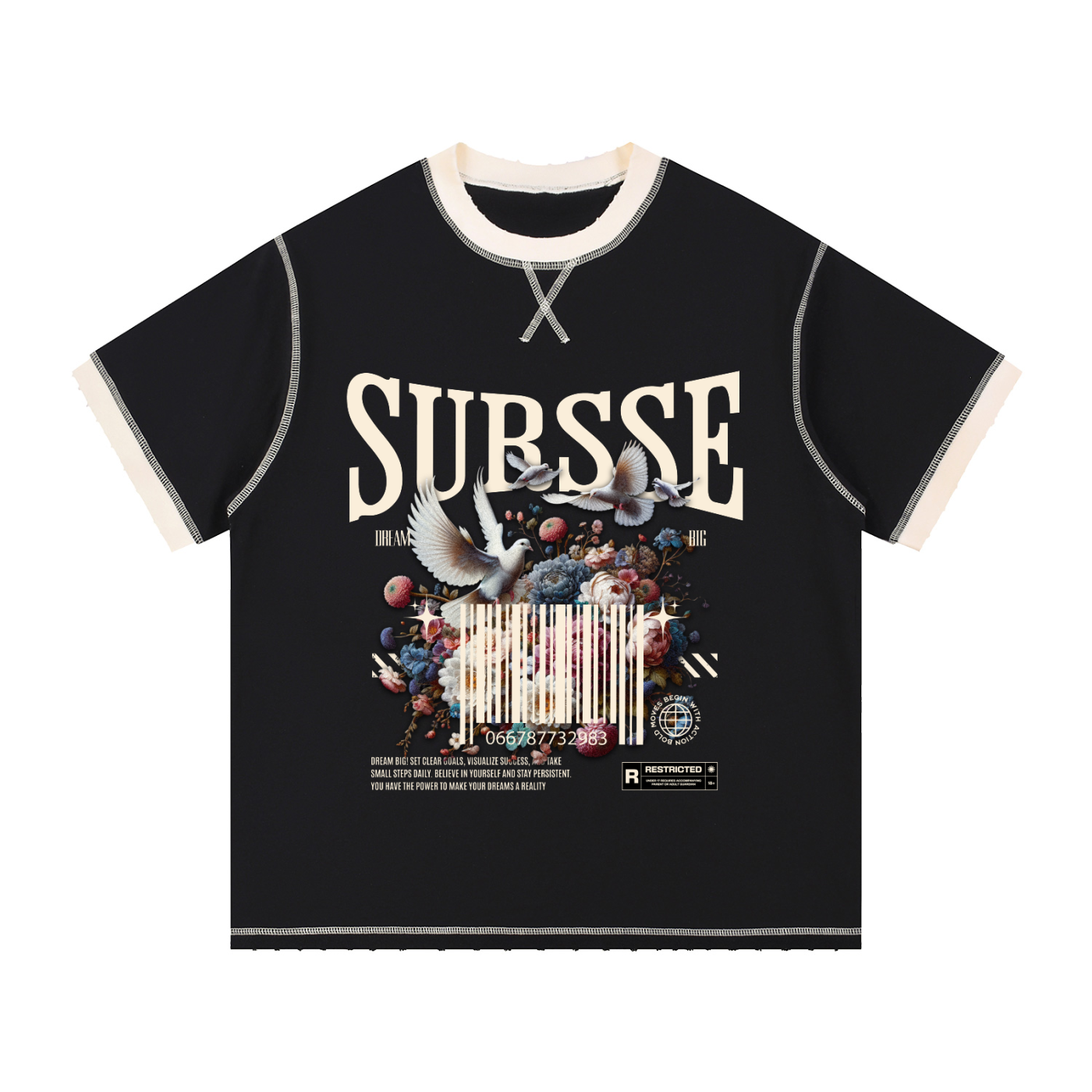 Black t-shirt with 'SUBSSE' branding and graphic design on a white background