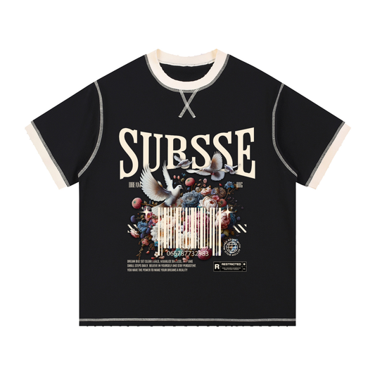 Black t-shirt with 'SUBSSE' branding and graphic design on a white background